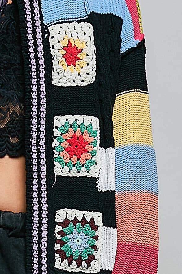 Handmade Patchwork Striped Chenille Sweater Open Cardigan: ROSE MULTI / S