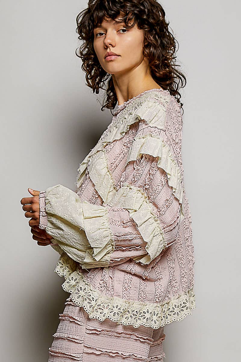 Eyelet Ruffle Raw Edge Trim Lace Solid Knit Top: CREAM BEIGE / S