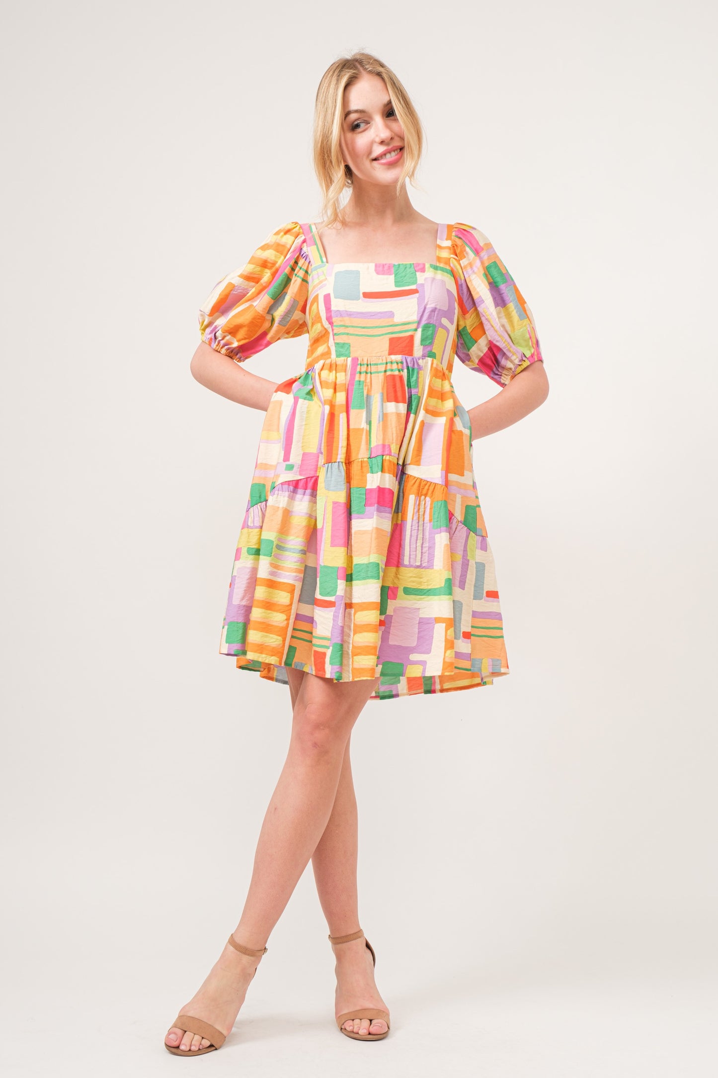 Square Neck Puff Sleeve Tiered Geo Printed Mini Dress