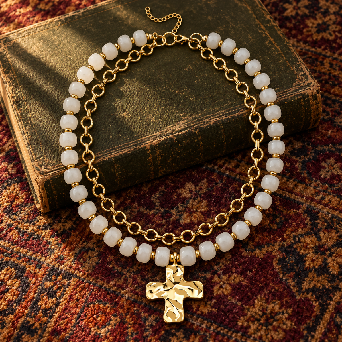 White Beaded Double Strand Cross Necklace