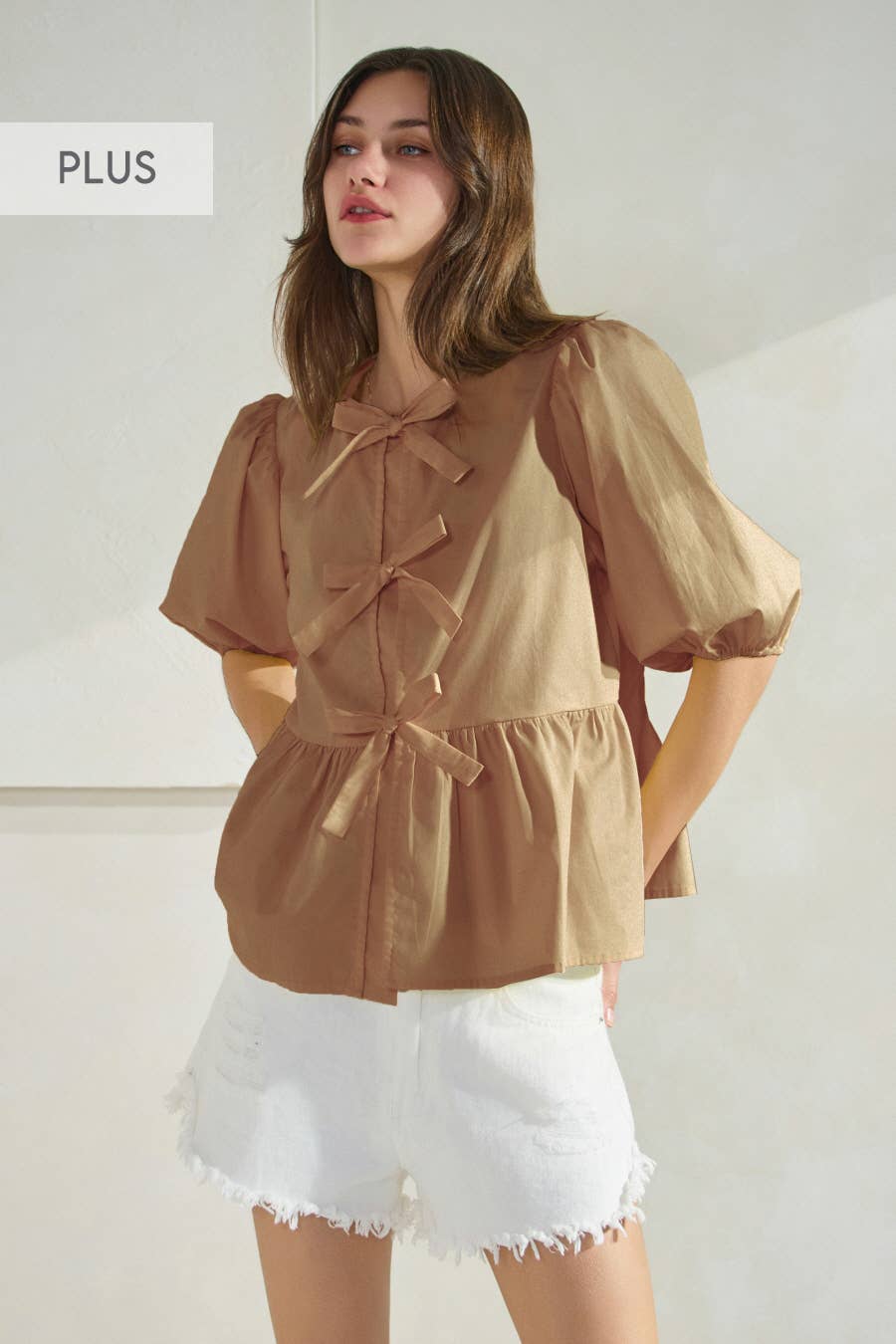Plus Solid Cotton Poplin Front Tie Ribbon Blouse: Red / XL