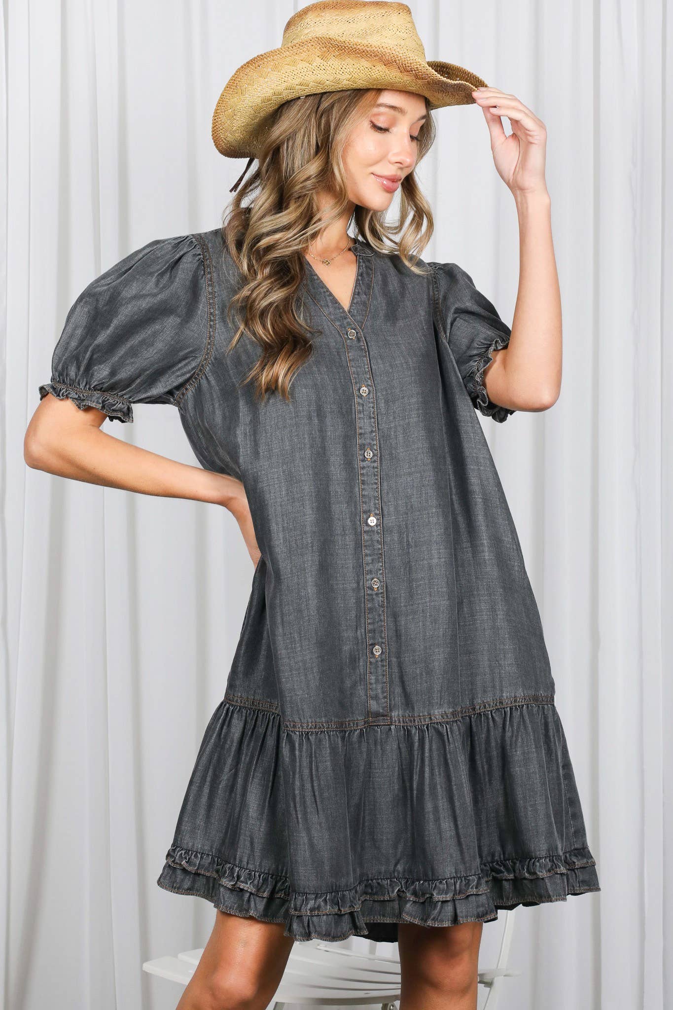 V-Neck Ruffle Hem 100%Tencel Chambray Midi Dress VD83226: Washed Denim / S