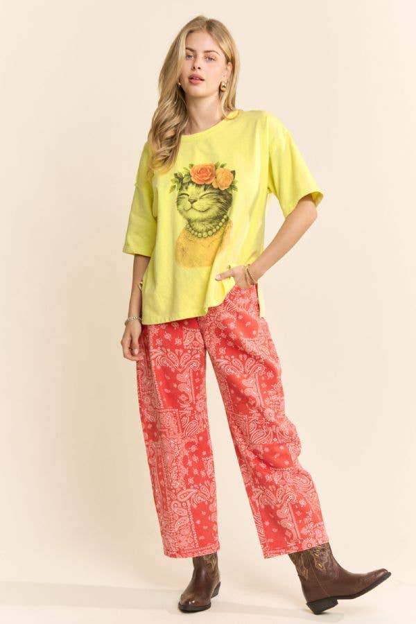 BLOSSOM-CROWNED KITTY PRINTED TOP: Beige / S