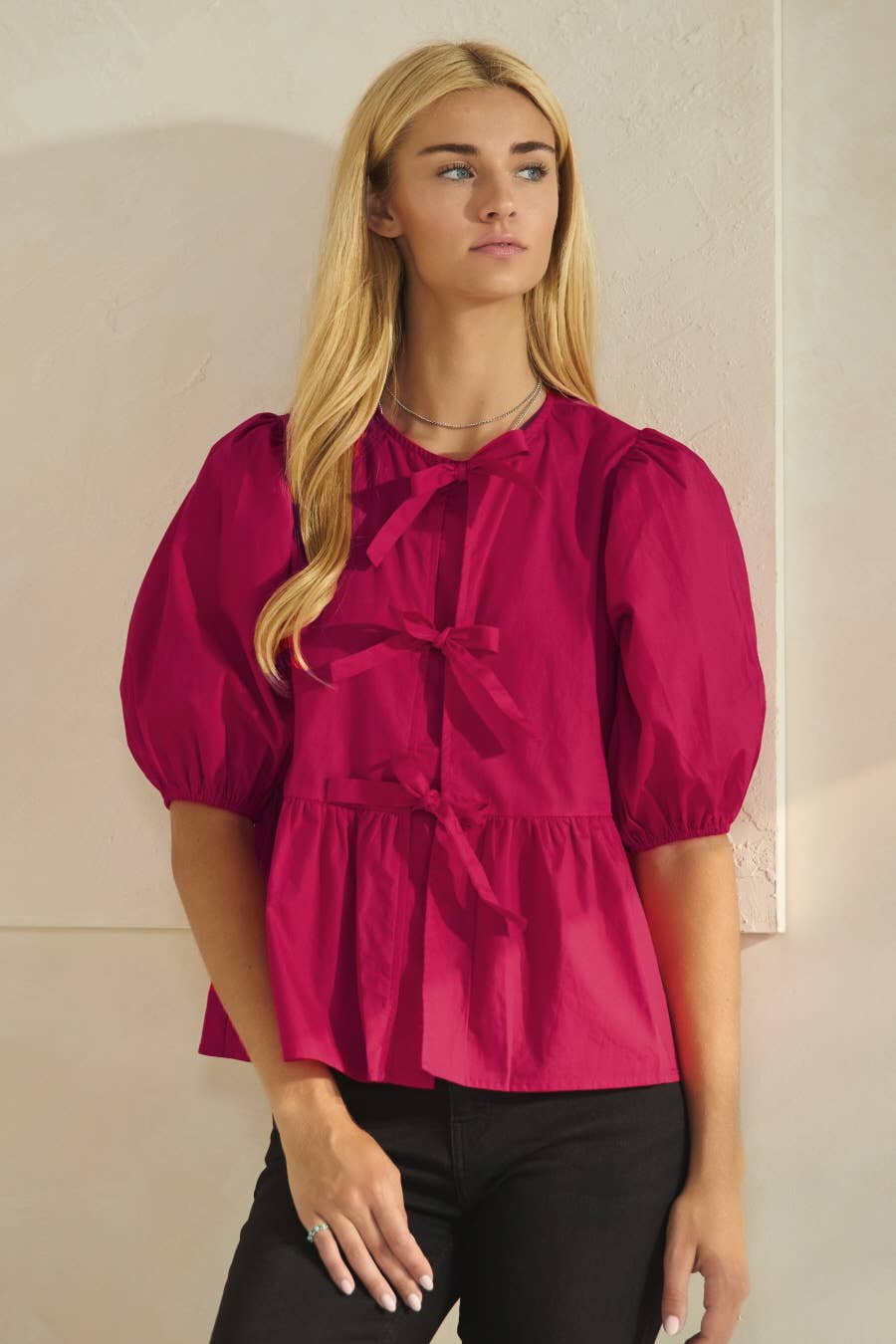 Plus Solid Cotton Poplin Front Tie Ribbon Blouse: Red / XL