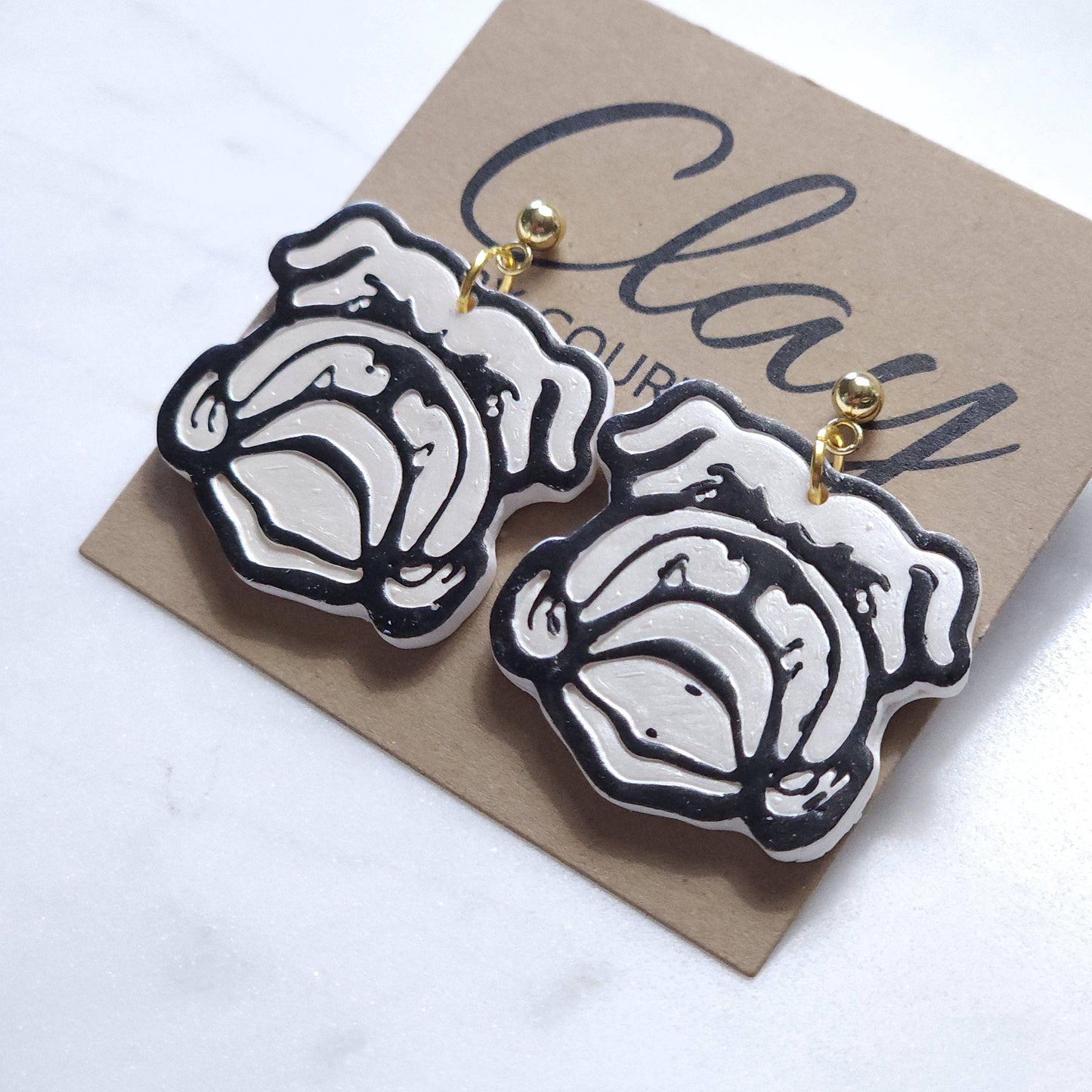Handcrafted Bulldog Dangle Earring: White