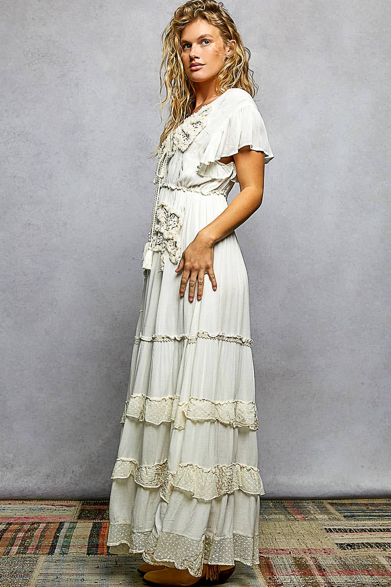 Ruffle Trim V-neck Embroidery Sequins Tassel Long Dress: IVORY / S