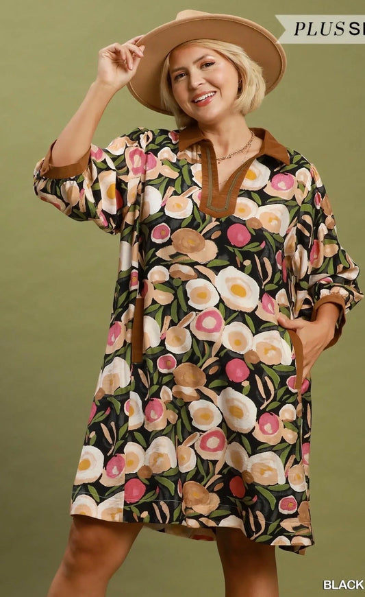 Floral Collared Dress – Black