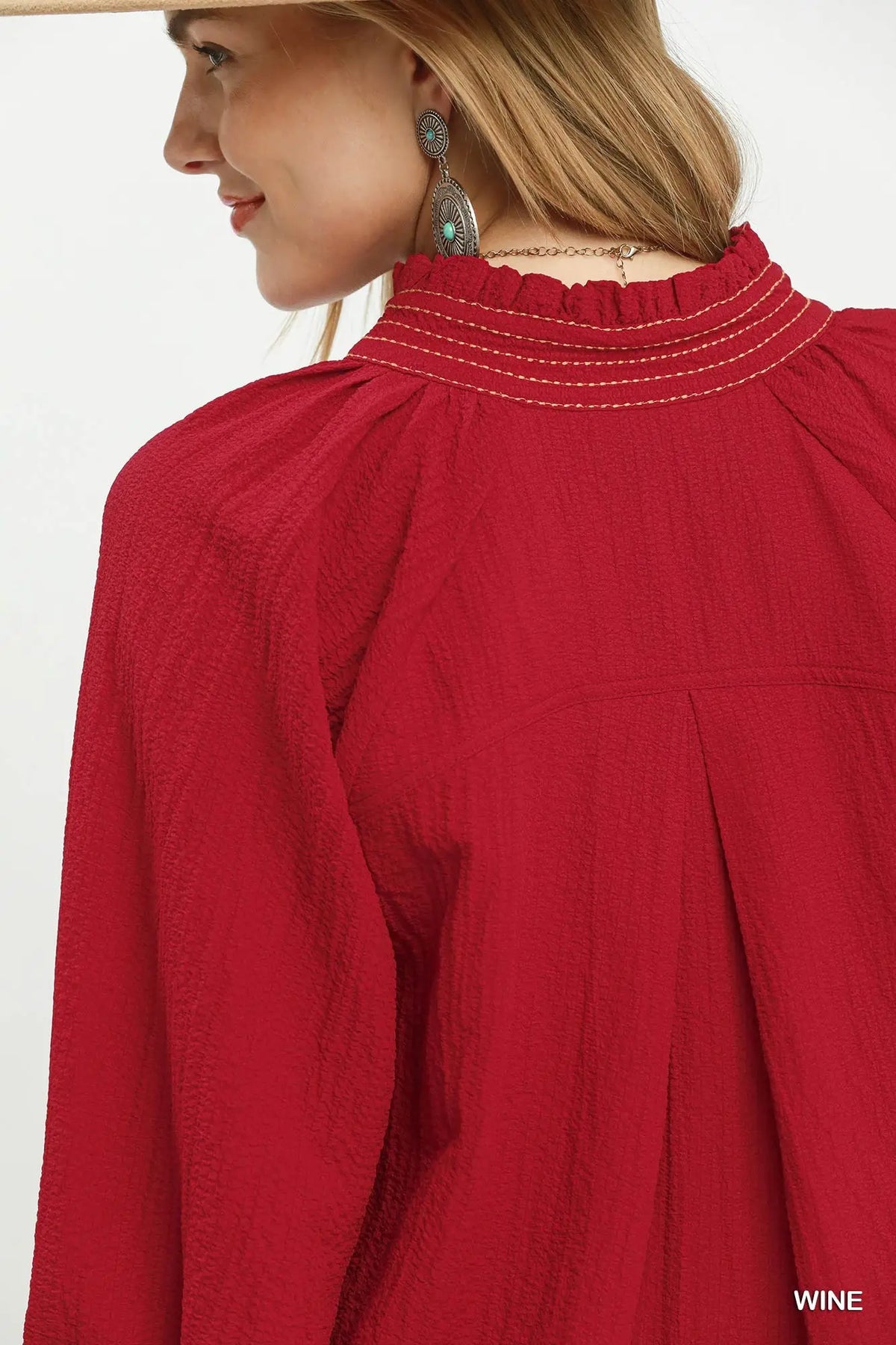 Wine Puff Sleeve Blouse