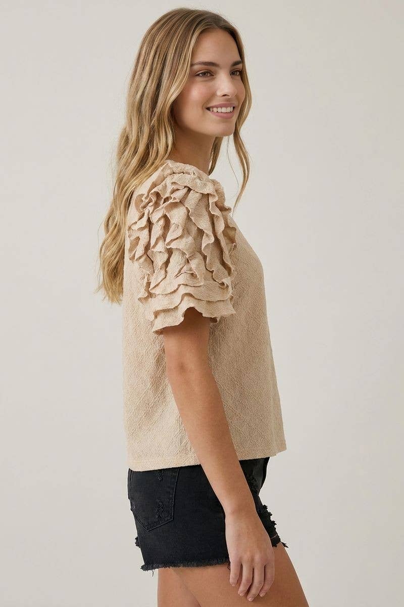 DIAMONT TEXTURED RUFFLE PUFF SLEEVE TOP - 46027T-1: Black / Contemporary / S