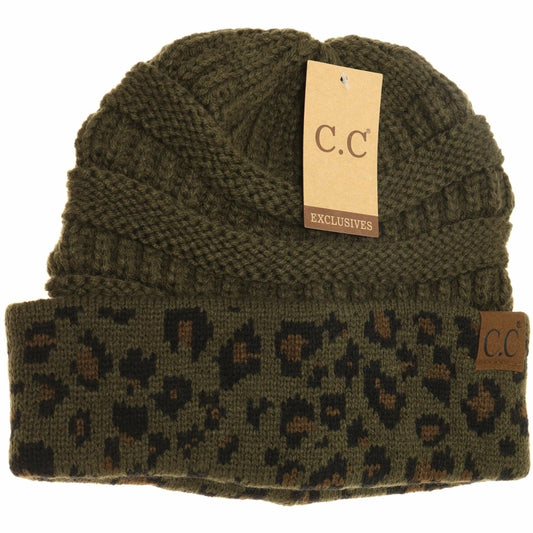 Olive Matching Cuff Leopard Print CC Beanie