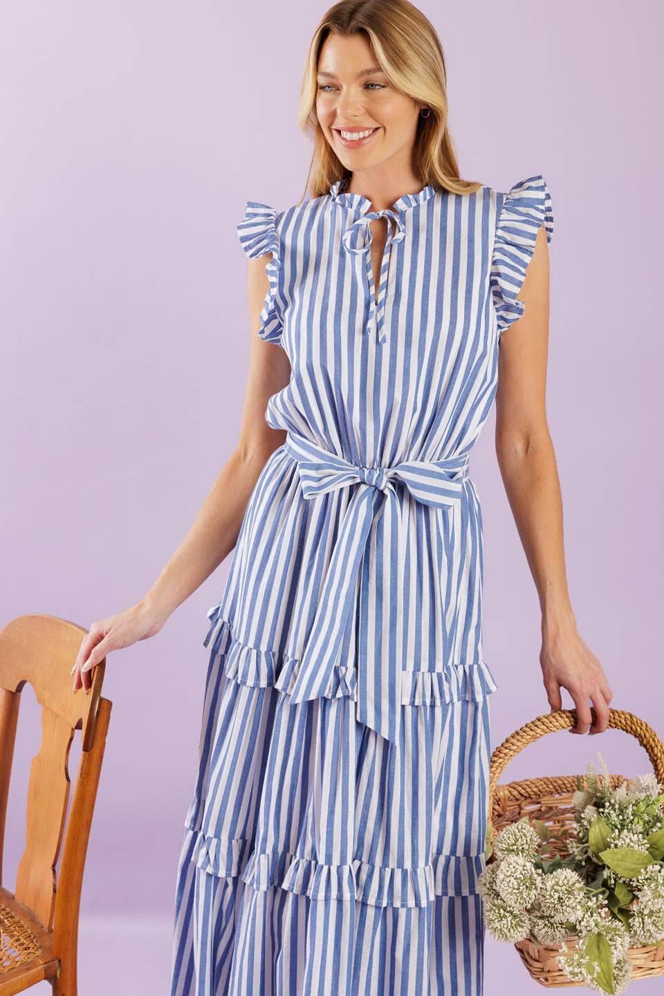 Blue & White Striped Midi Dress