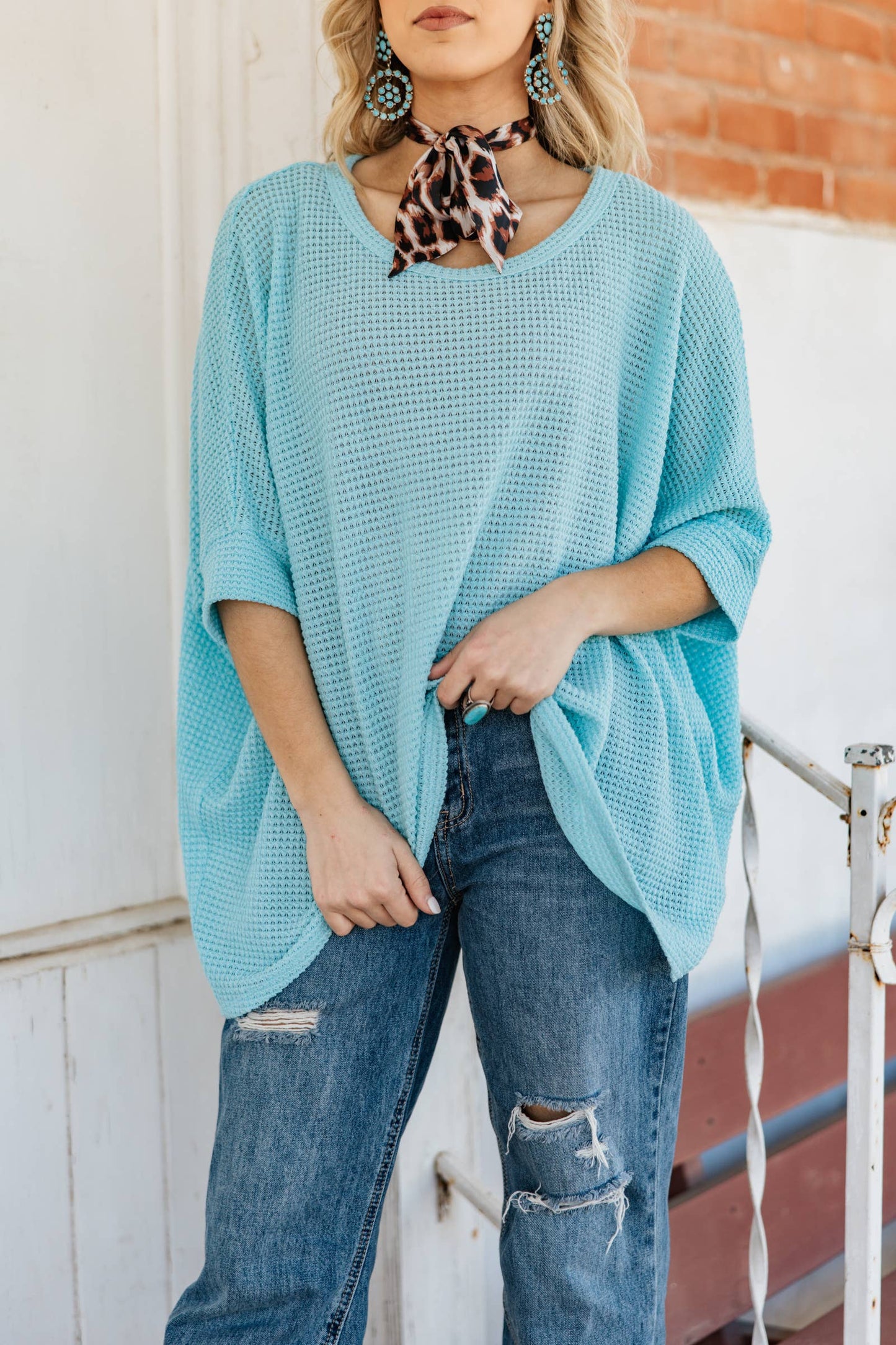 Crochet Oversized Relaxed Fit Poncho Top: AQUA / S/M
