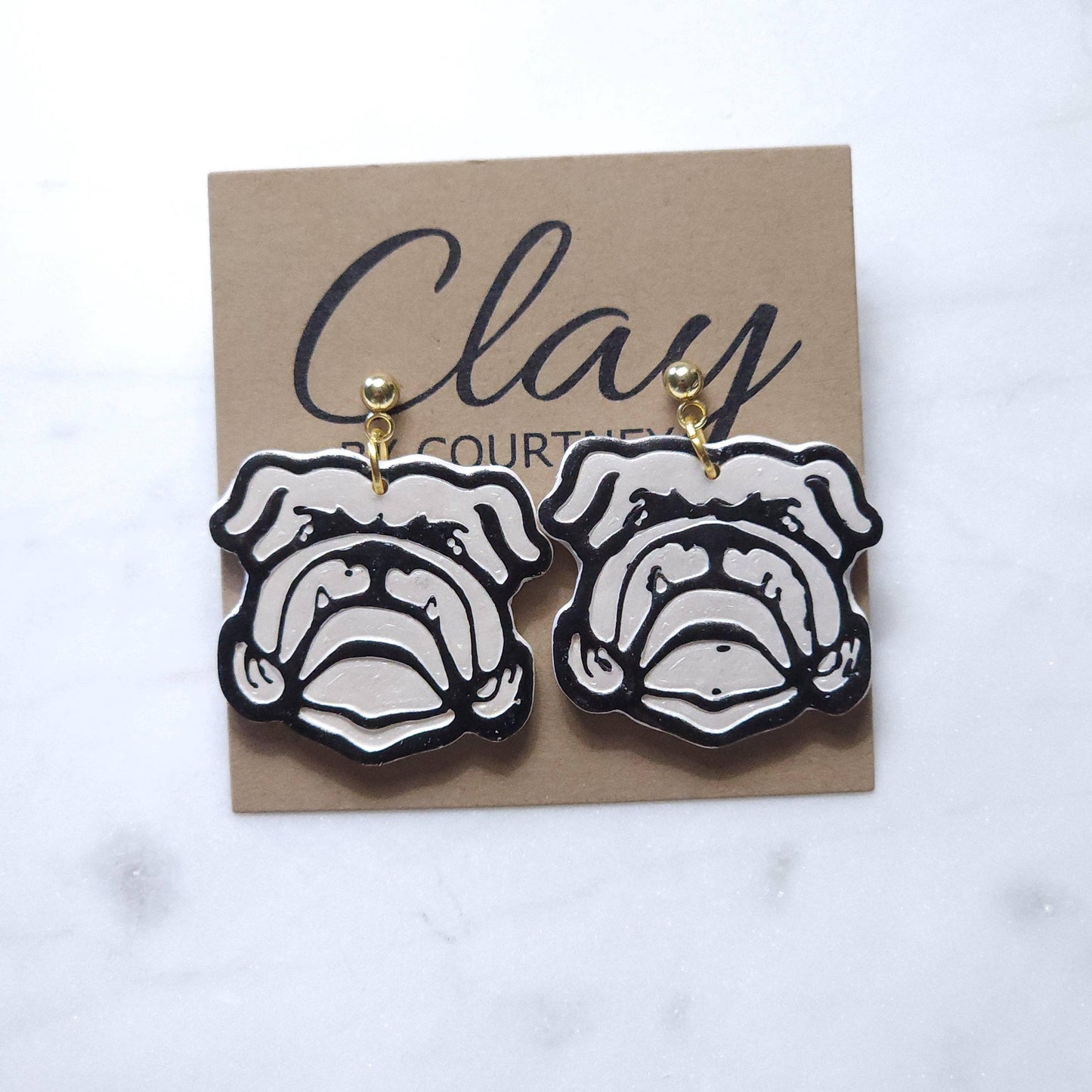 Handcrafted Bulldog Dangle Earring: Gold