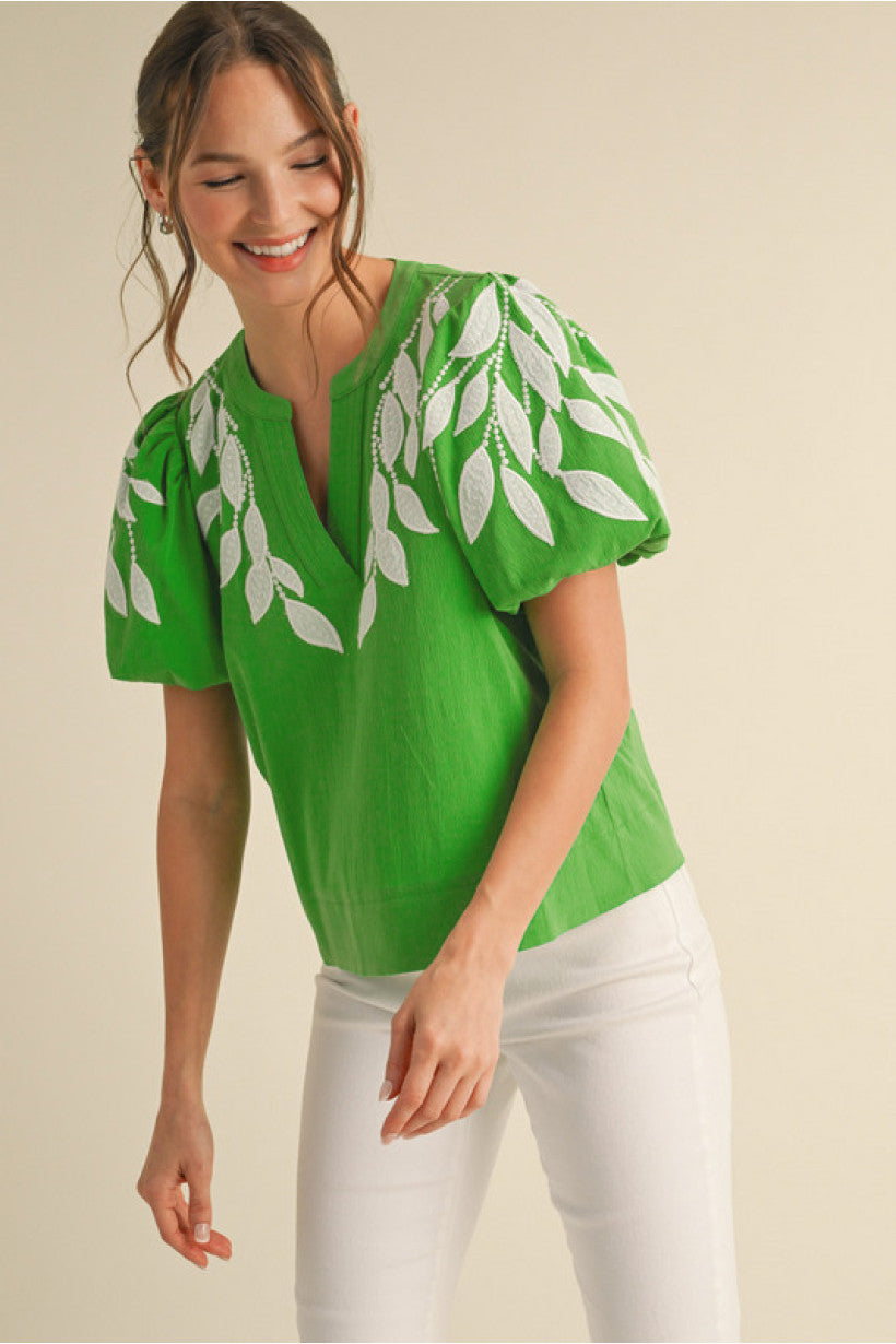 Green Top with White Appliqué