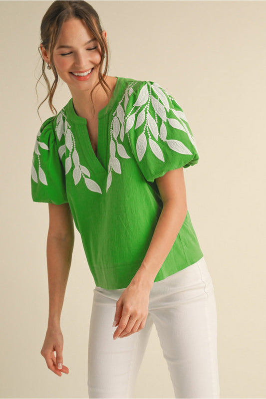Green Top with White Appliqué