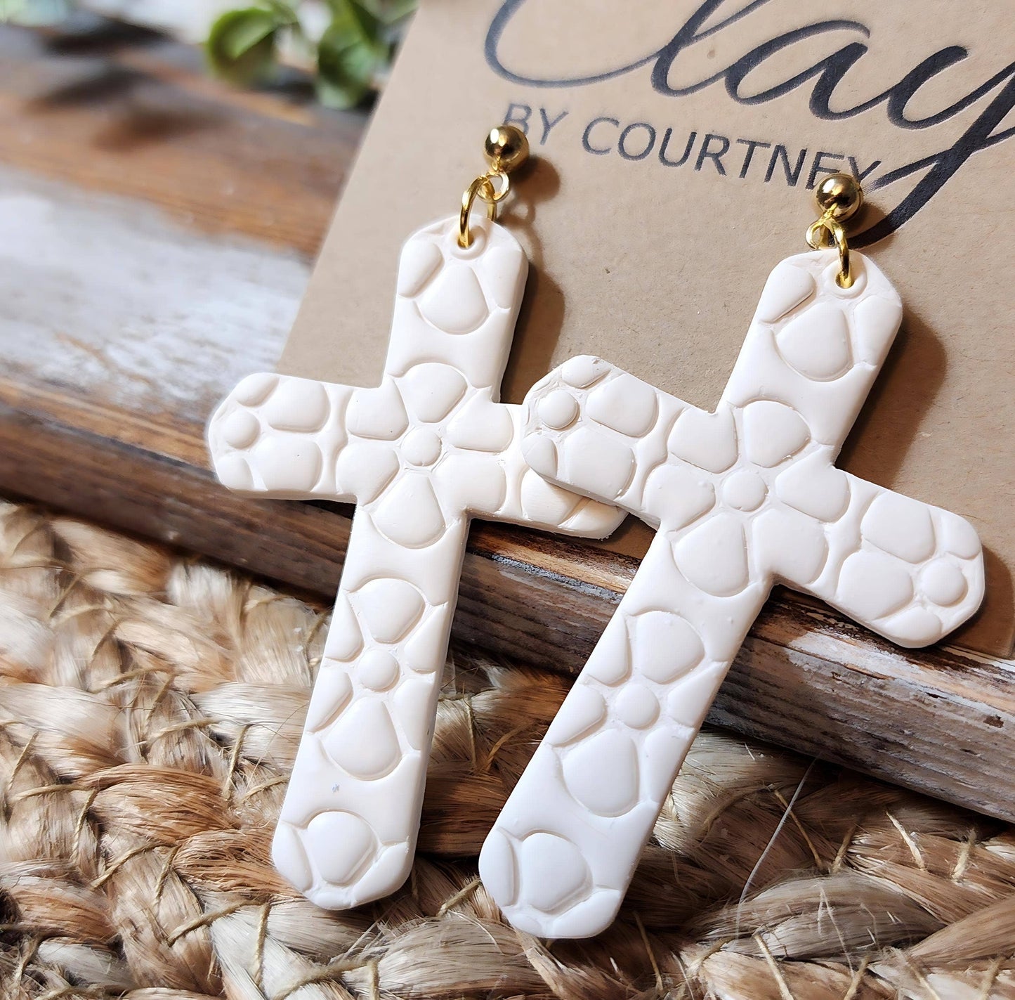 Clay Floral Cross Earrings: White