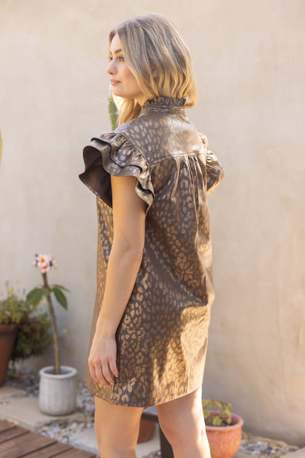 Brown Leopard Print Ruffle Sleeve Dress