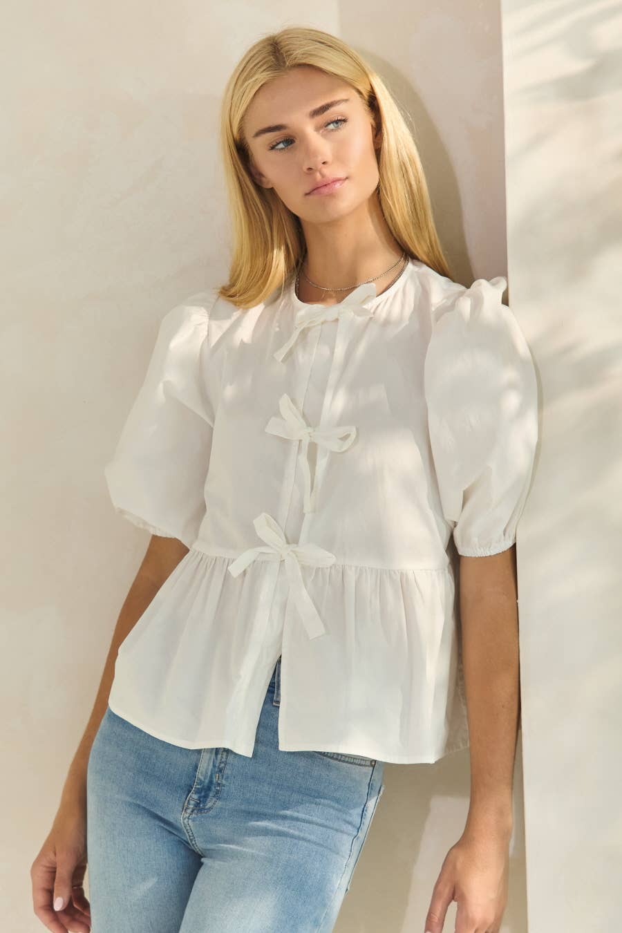 Plus Solid Cotton Poplin Front Tie Ribbon Blouse: Red / XL