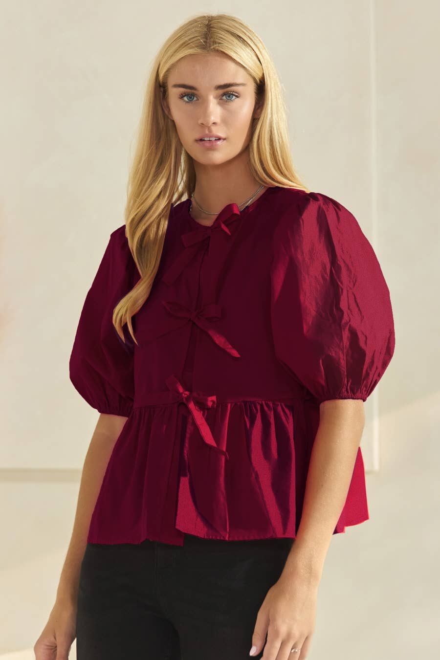 Plus Solid Cotton Poplin Front Tie Ribbon Blouse: Red / XL