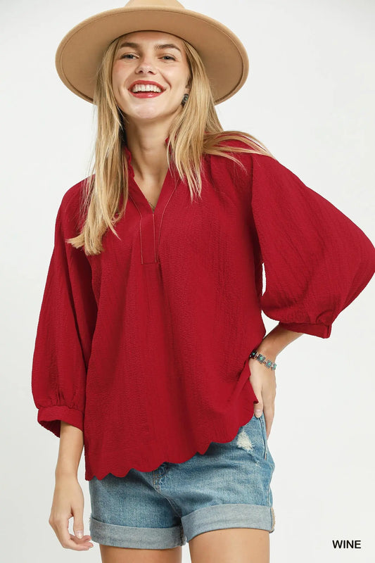 Wine Puff Sleeve Blouse