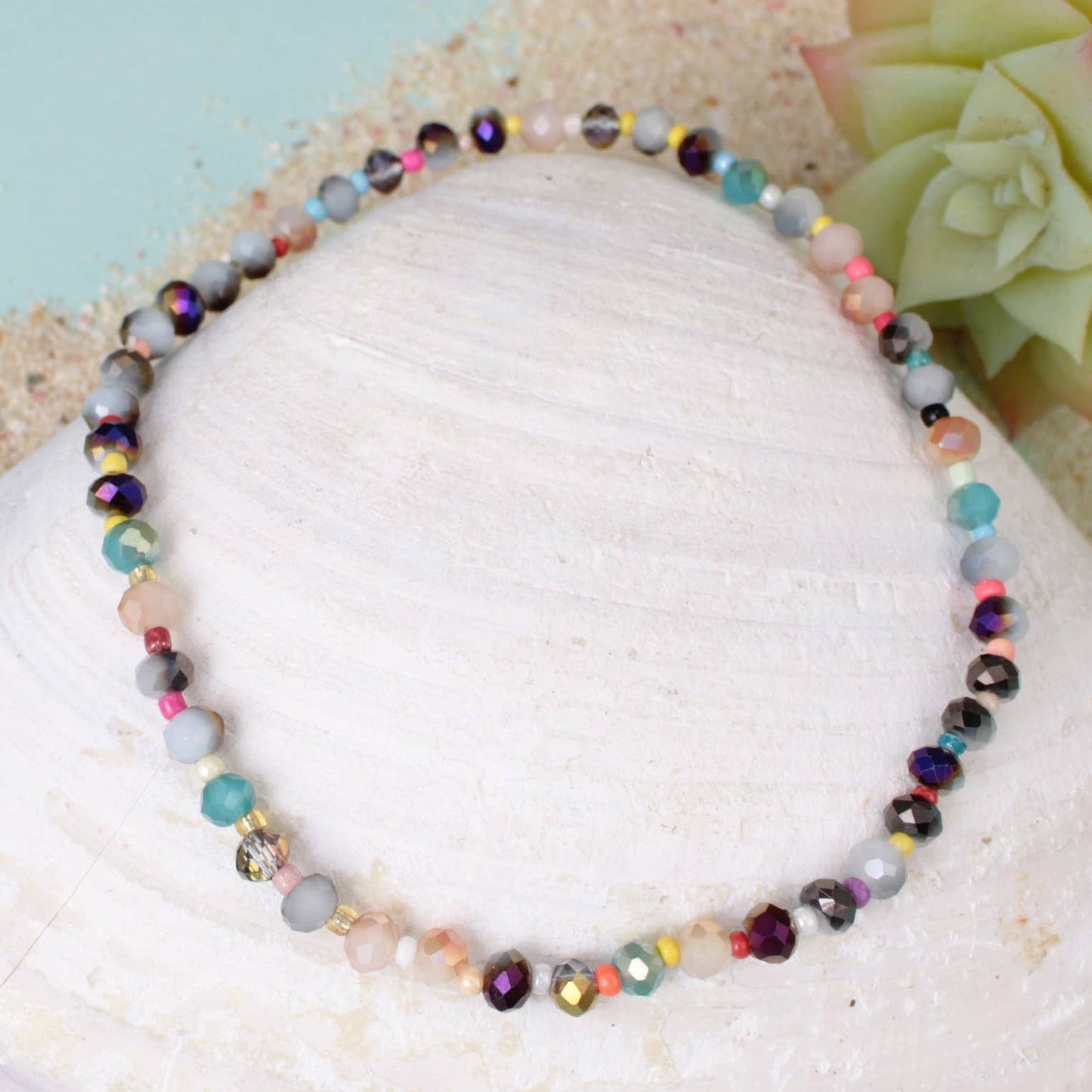 Shimmering Sea Multicolor Bead Stretch Anklet
