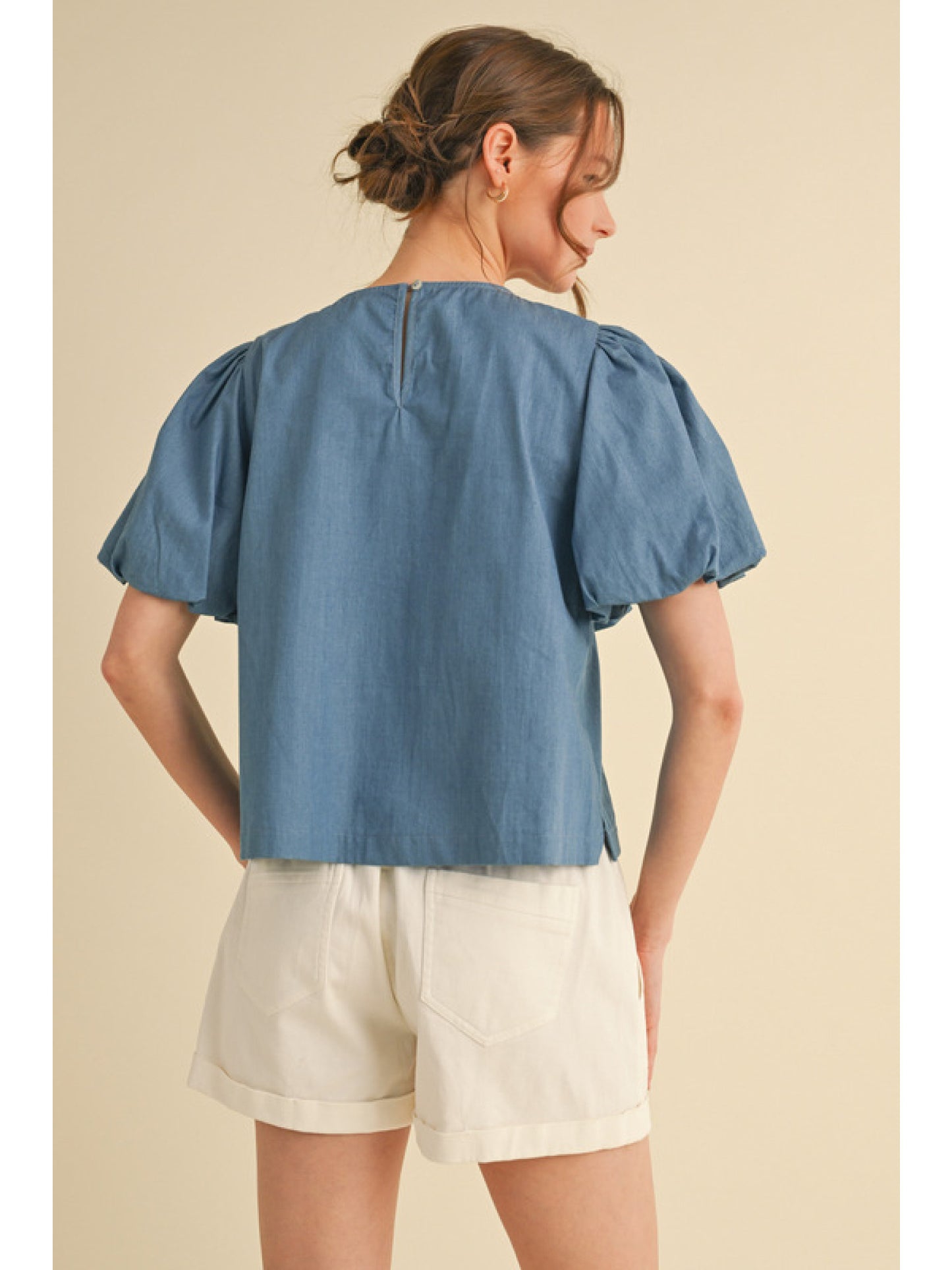 Chambray Puff Sleeve Bow Top