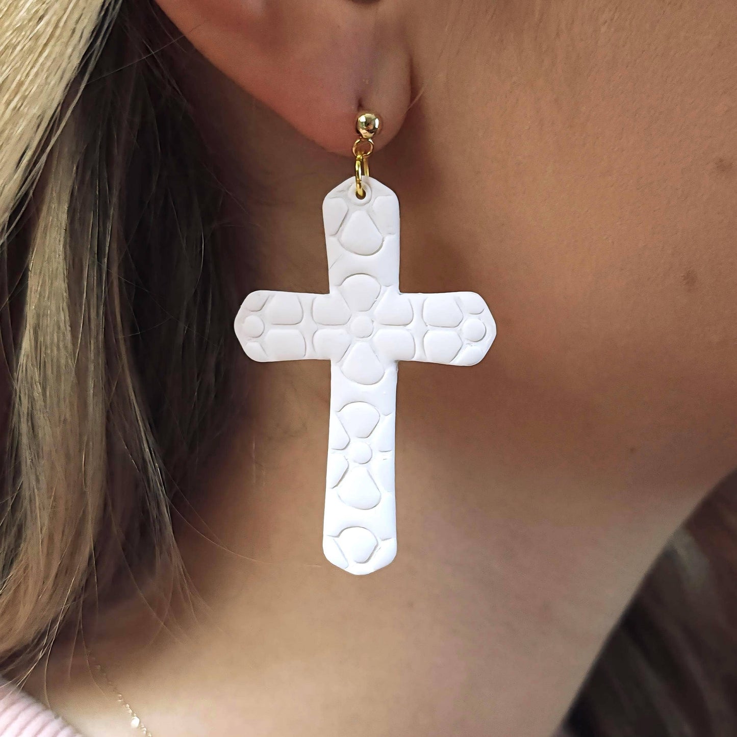 Clay Floral Cross Earrings: White