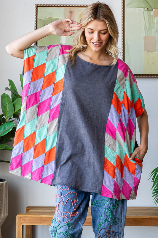 Washed Multicolor Geo Patchwork Oversized Top