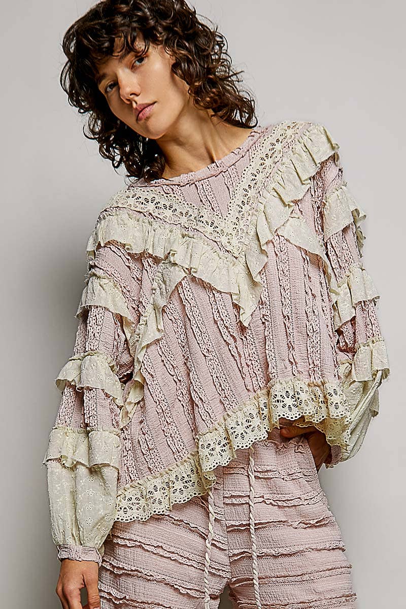 Eyelet Ruffle Raw Edge Trim Lace Solid Knit Top: CREAM BEIGE / S