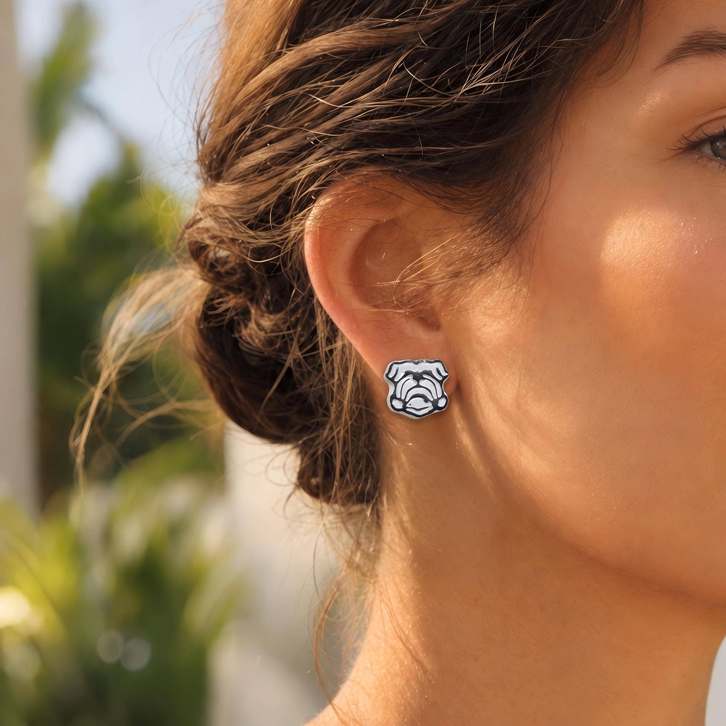White and Gold Bulldog Earrings: Gold