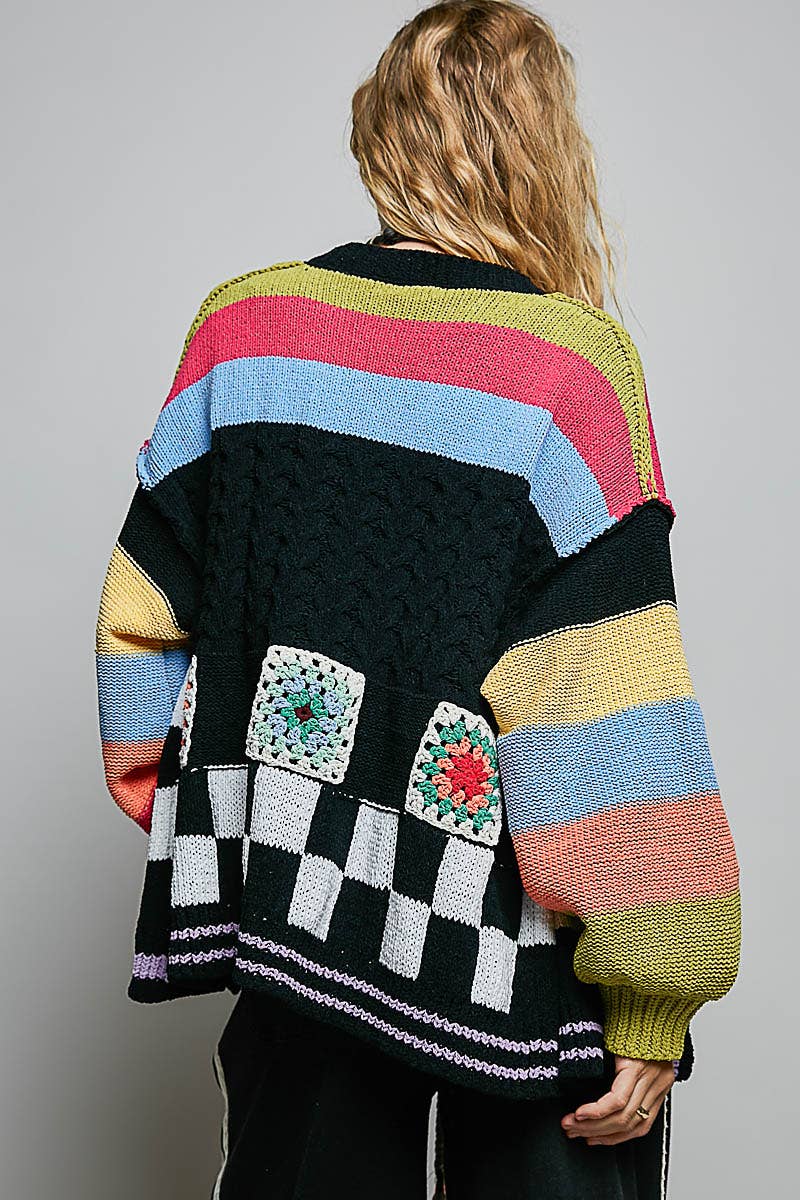 Handmade Patchwork Striped Chenille Sweater Open Cardigan: ROSE MULTI / S