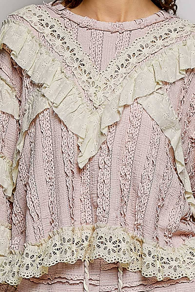 Eyelet Ruffle Raw Edge Trim Lace Solid Knit Top: CREAM BEIGE / S