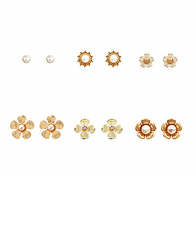 Flower & Pearl 6 Piece Set Stud Earrings