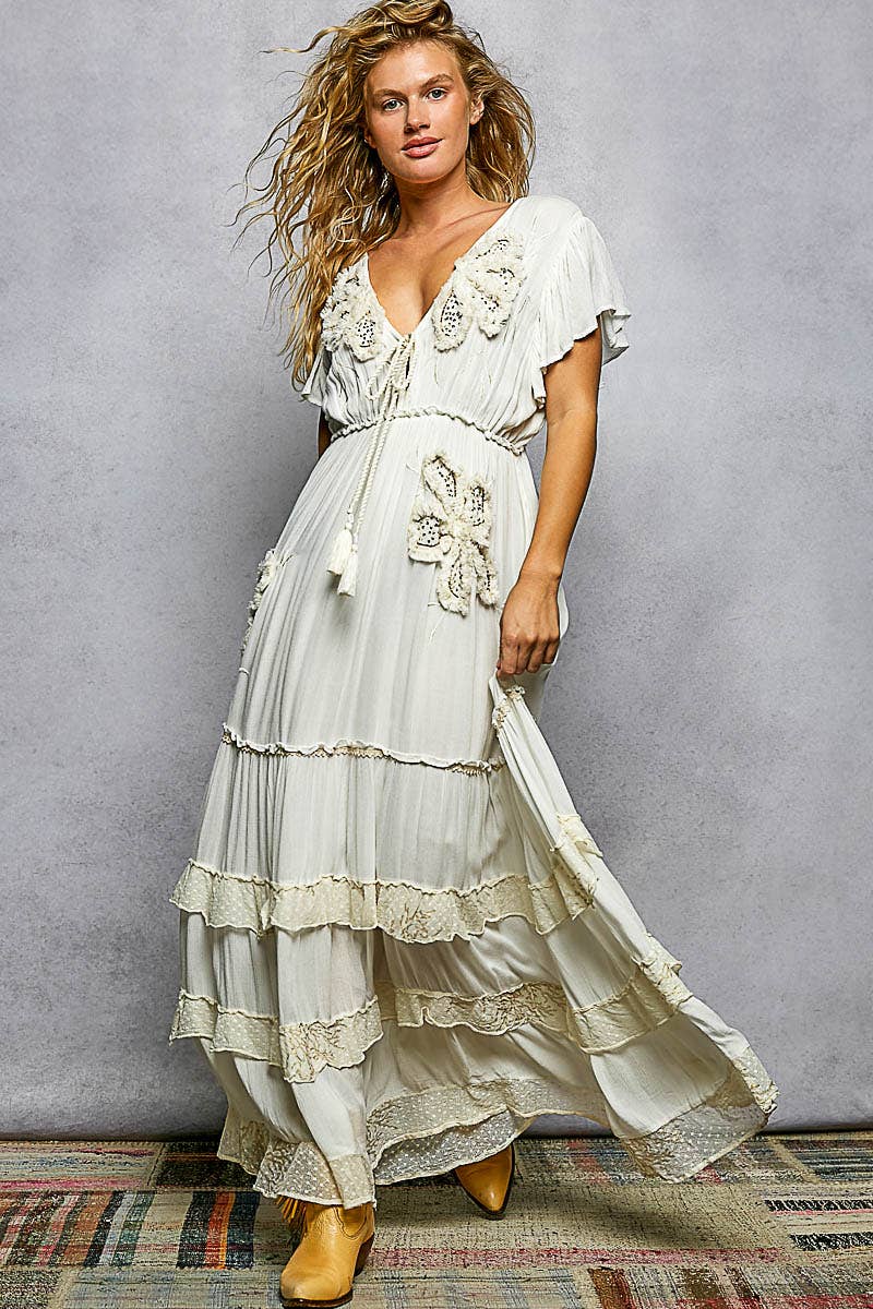 Ruffle Trim V-neck Embroidery Sequins Tassel Long Dress: IVORY / S