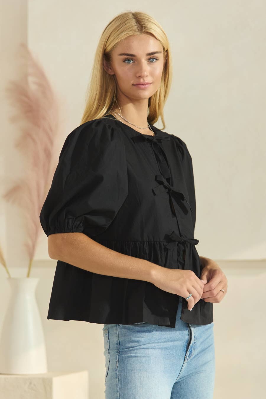 Plus Solid Cotton Poplin Front Tie Ribbon Blouse: Red / XL