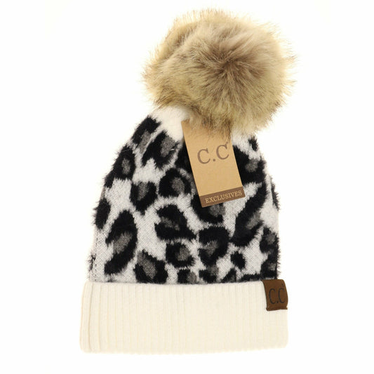 Ivory Leopard Pom Beanie