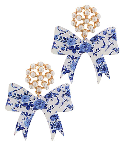 Blue Willow Bow Pearl Earrings
