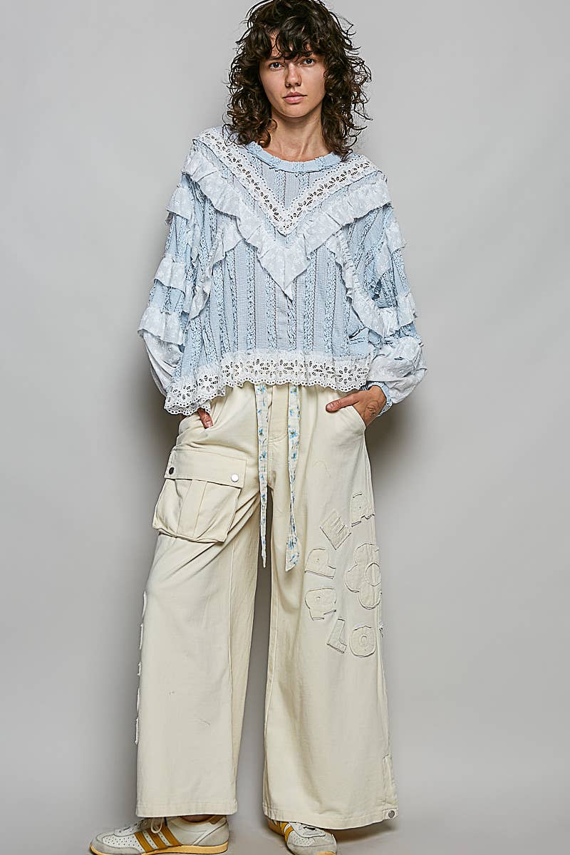 Eyelet Ruffle Raw Edge Trim Lace Solid Knit Top: CREAM BEIGE / S