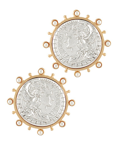 Two Tone Coin & Pearl Earrings