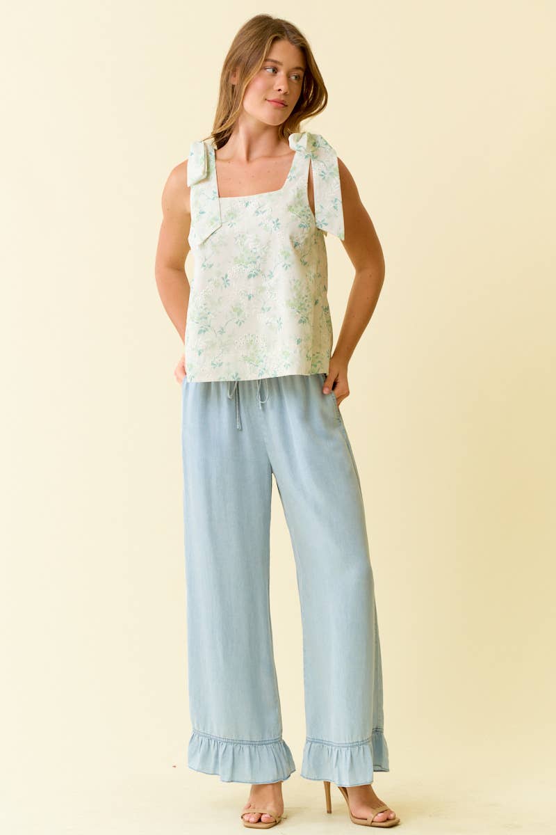 DENIM RUFFLE BOTTOM WIDE LEG PANTS - 8887P: DENIM / S