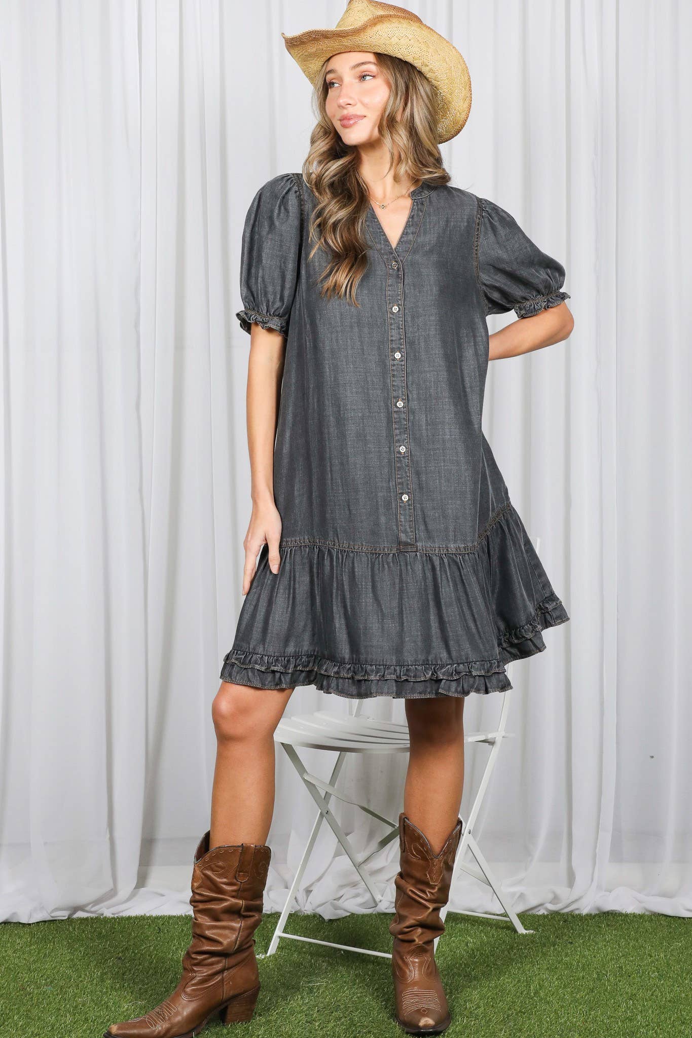 V-Neck Ruffle Hem 100%Tencel Chambray Midi Dress VD83226: Washed Denim / S