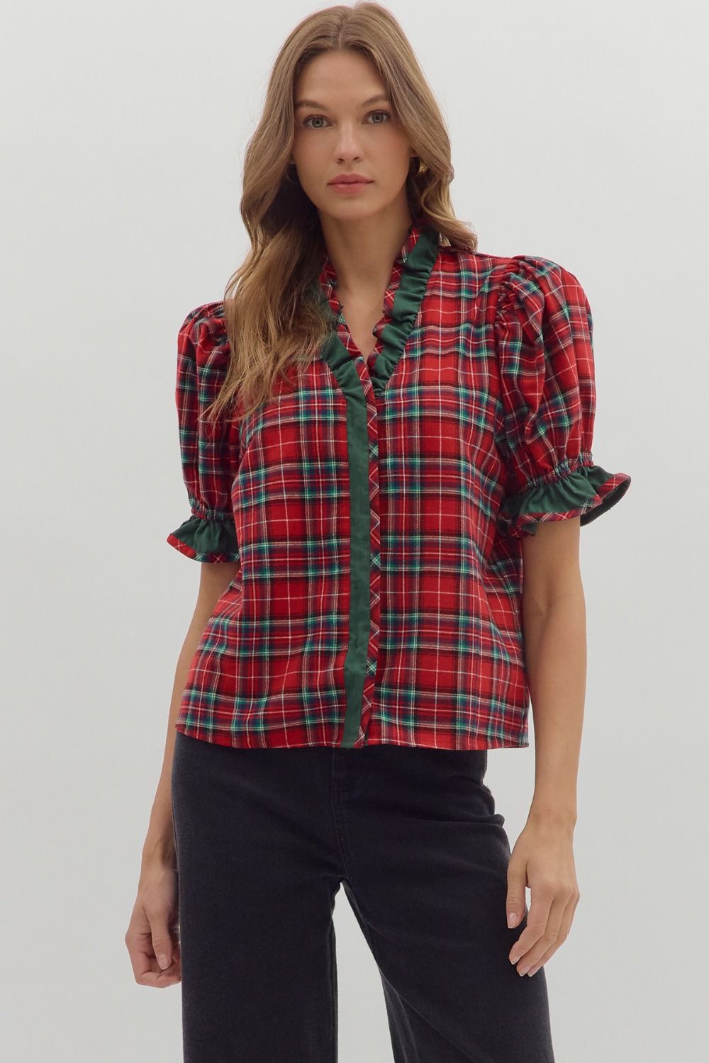 Holiday Plaid Ruffle Blouse