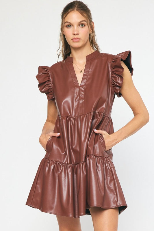 Mocha Faux Leather Ruffle Dress