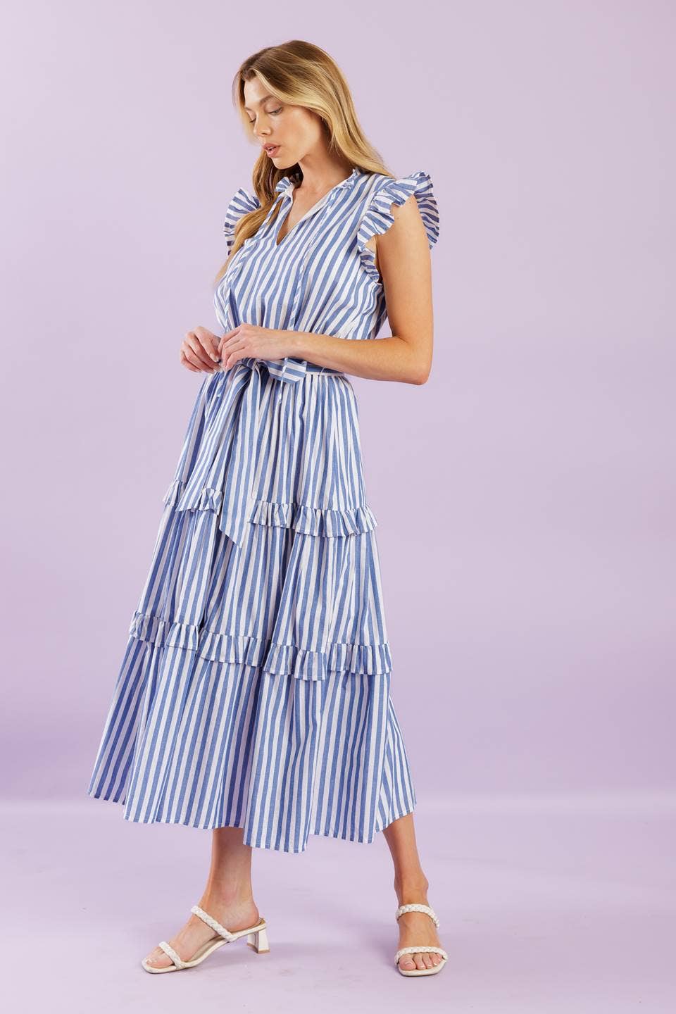 Blue & White Striped Midi Dress