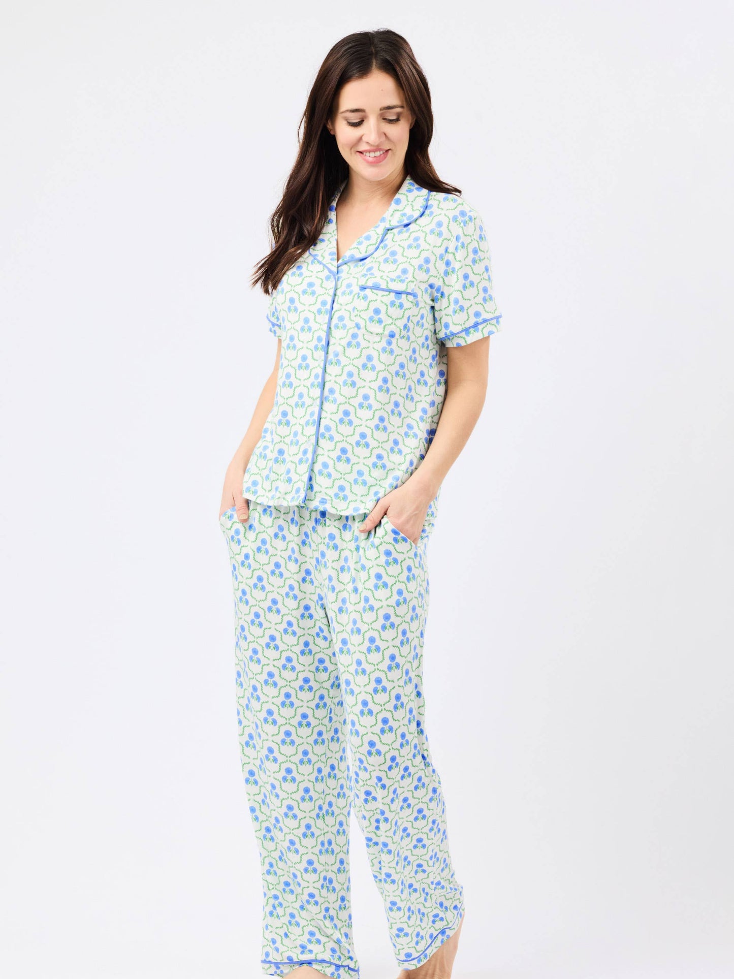 Charlotte Pajama Pants Set | Sweetbriar Lattice Blue: XS
