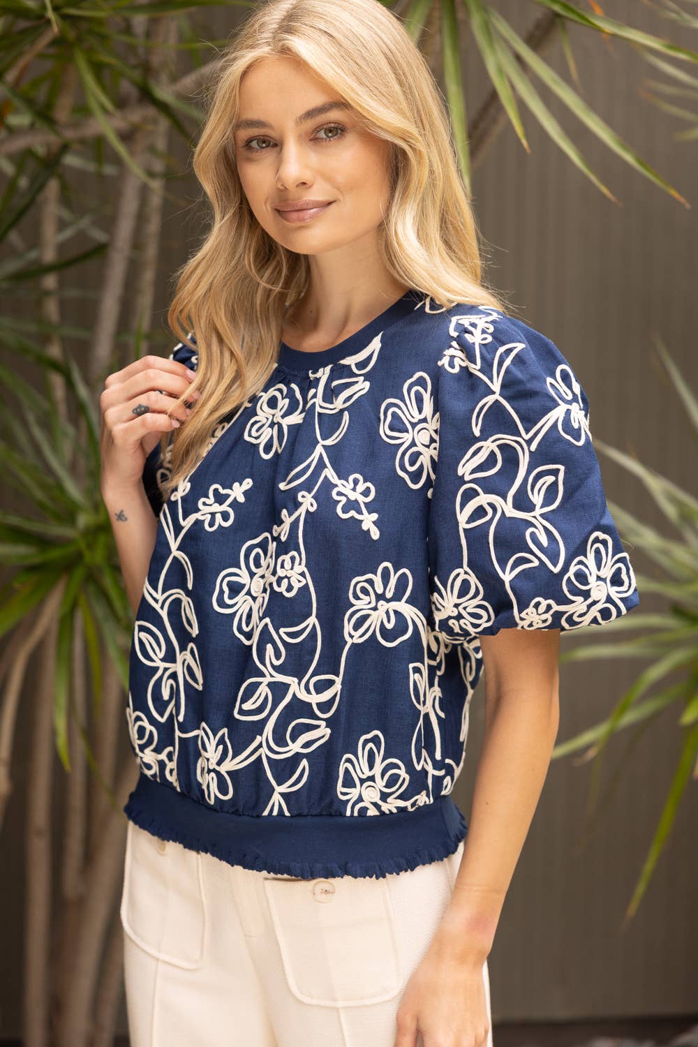 35867 Floral Embroidered Short Bubble Sleeve Top: Pink / S