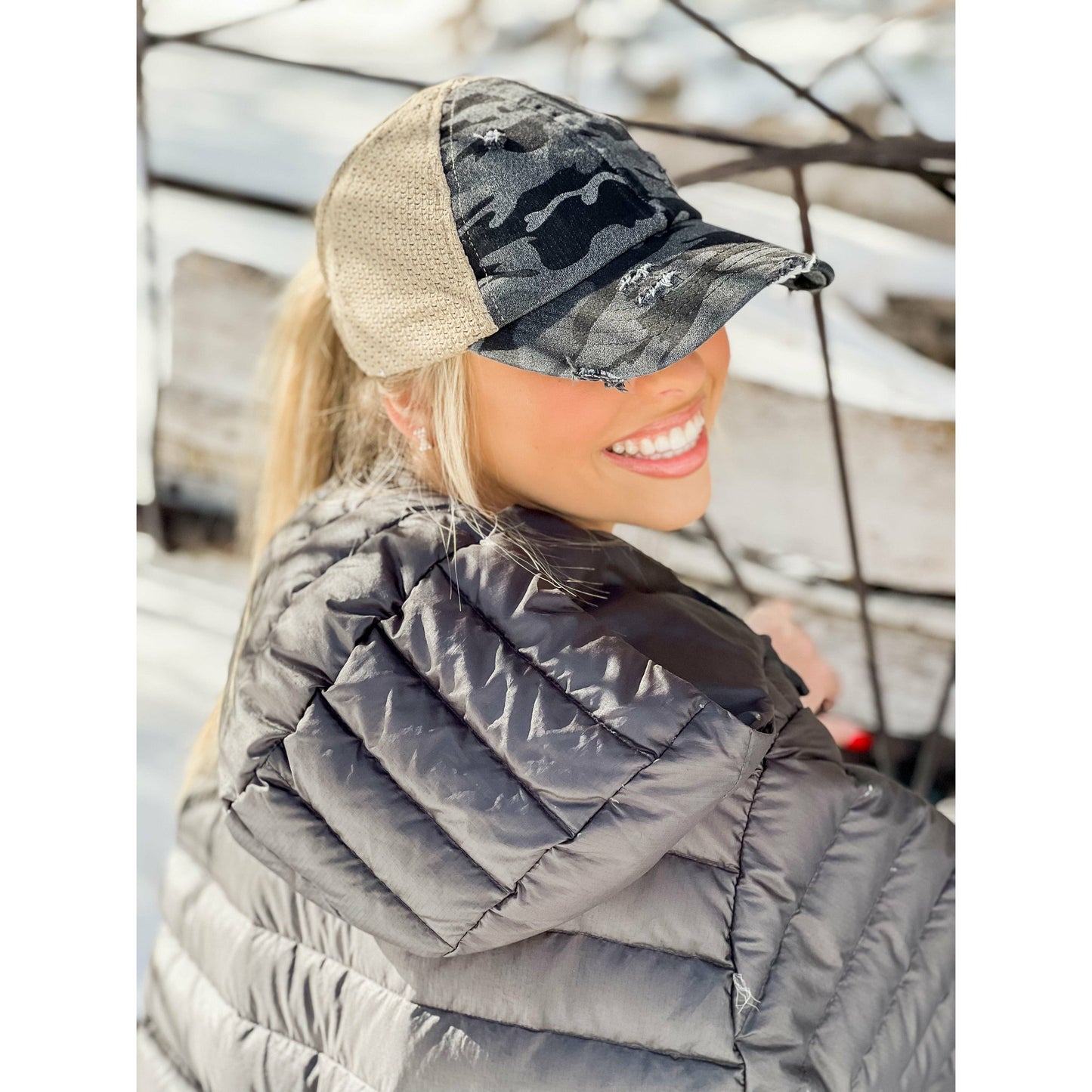 Washed Denim Camouflage Stretch Mesh High Pony CC Ball Cap