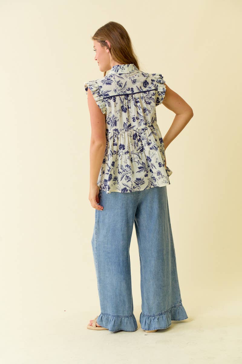 DENIM RUFFLE BOTTOM WIDE LEG PANTS - 8887P: DENIM / S