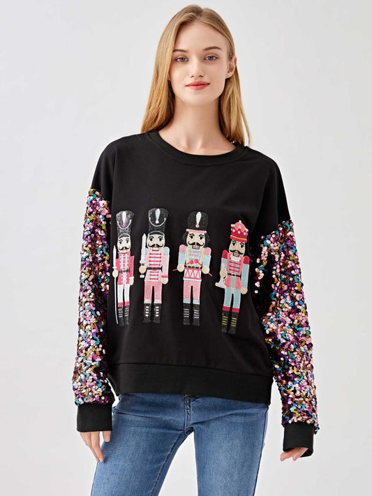 Black Nutcracker Sequin Sleeve Top