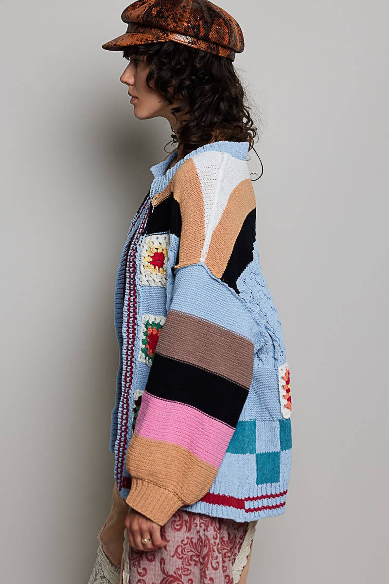 Handmade Patchwork Striped Chenille Sweater Open Cardigan: ROSE MULTI / S